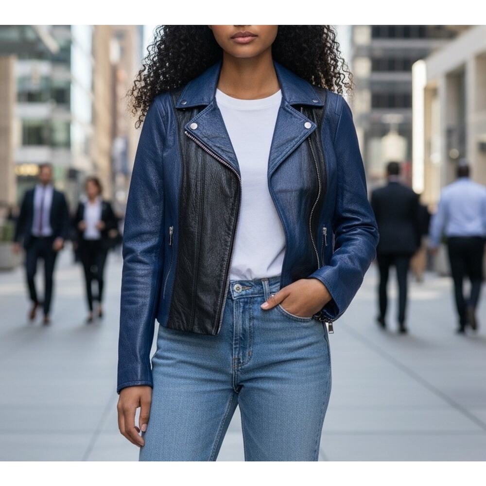 Vince NWOT Blue Black Leather Moto Bomber Biker Retro Jacket Coat Zip Sz S